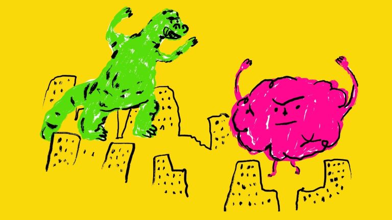 A vibrant and loose illustration of a green godzilla fighting a giant pink brain monster above a cityscape