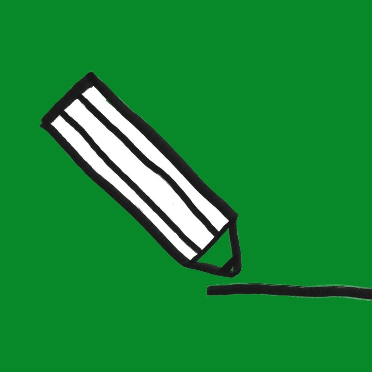 An illustration of a white pencil drawing a black line on a green background