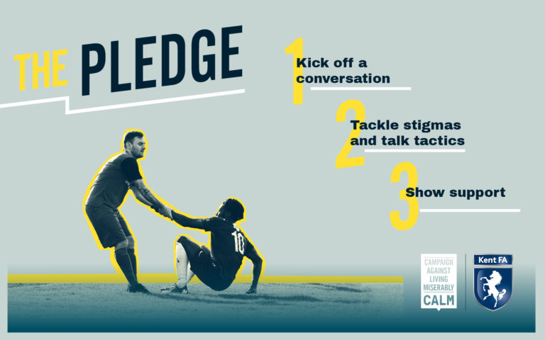 A make footballer is helping another male footballer up from the ground. The 3 pledge points read: 1. Kick off a conversation. 2. Tackle stigmas and talk tactics. 3. Show support.
