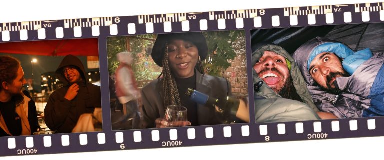 Collage of three images. One image shows a pair of men sat outside talking, another shows a woman with braids pouring a glass of wine and the third shows two men in sleeping bags smiling at the camera.